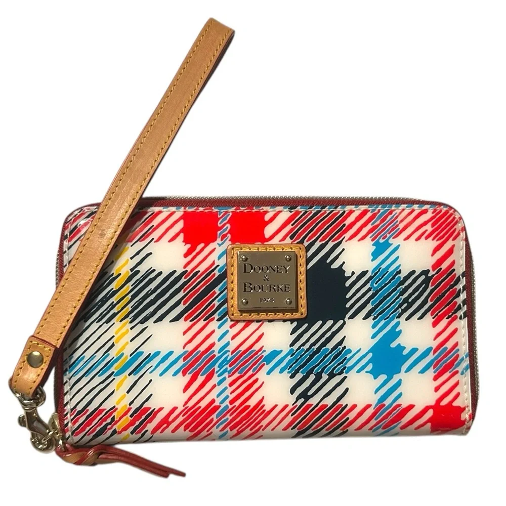 Dooney & Bourke Chatham Plaid White/Red/Blue Zip Wallet Vinyl With Leather Trim - Picture 2 of 5